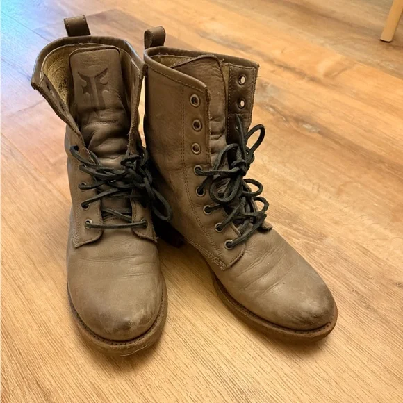 Frye Taupe Leather Lace-Up Ankle Boots - Picture 2 of 4